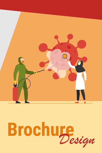 Arabs in protective costumes disinfecting area from virus. Coronavirus, mask, magnifier flat vector illustration. Pandemic and prevention concept for banner, website design or landing web page