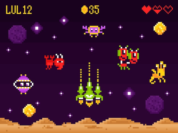 Free vector arcade computer game interface pixel art composition with retro space shooter screen aliens and combat spacecraft