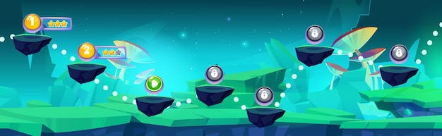 Free Vector arcade game progress map on fantasy forest background vector cartoon illustration of floating stone platforms with golden stars and lock icons giant mushrooms on green land stars in night sky