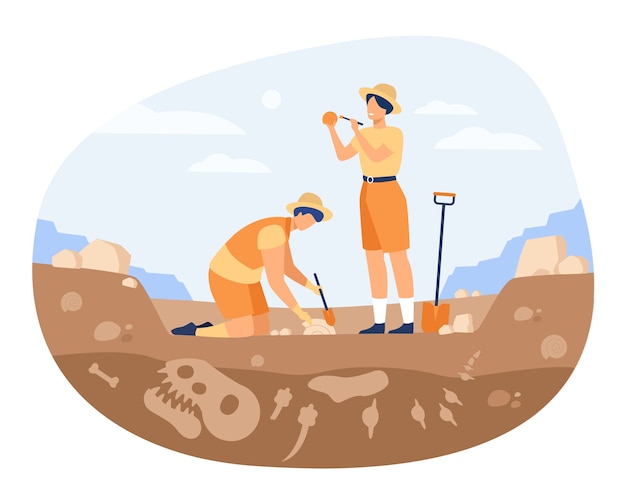 Free Vector archaeologist discovering dinosaurs remains. men digging ground in quarry and cleaning bones. vector illustration for archeology, paleontology, science, research 