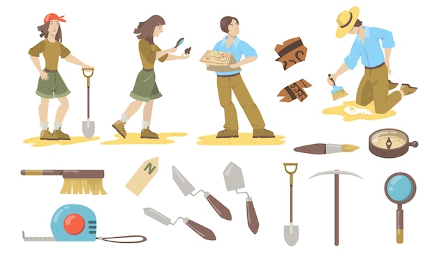 Free Vector archeological tools set. archeologist and paleontologist using shovels, trowels, brushes, compass for finding historical artifacts. vector illustrations for archeology, geology, discovery.