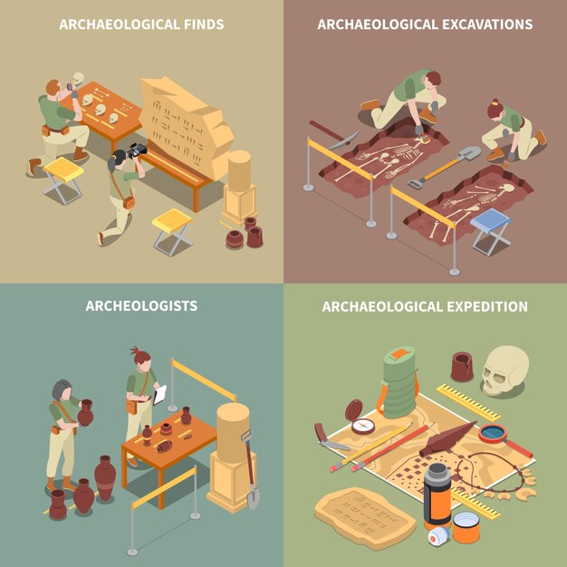 Archeology isometric concept icons set with excavations and finds symbols isolated