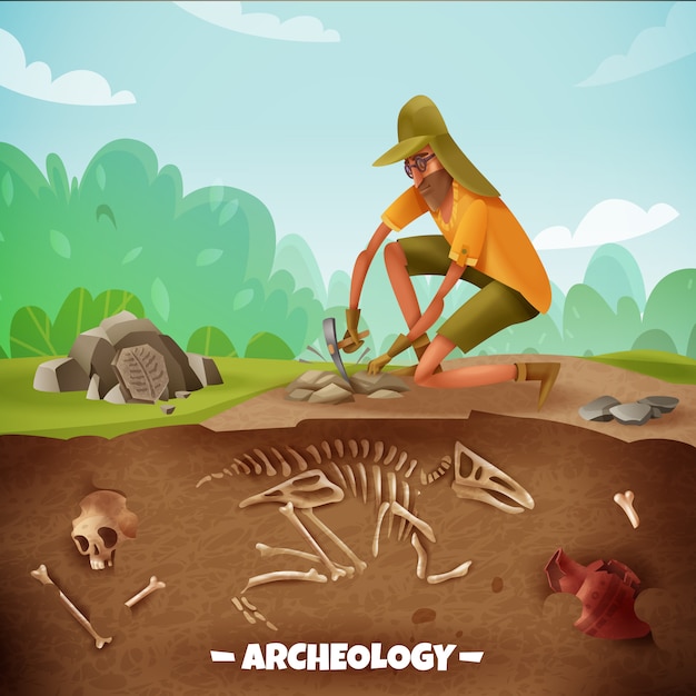 Free Vector archeology  with text and archeologist character during archeological excavations with dinosaur bones and outdoor landscape