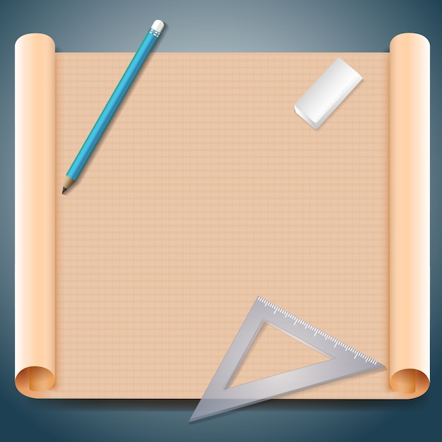 Free Vector architect squared brown paper with pen triangular ruler and eraser illustration