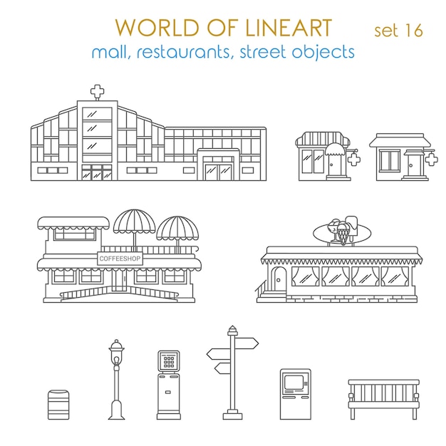 Architecture city public business estate building local business al line art style  set World of lineart collection