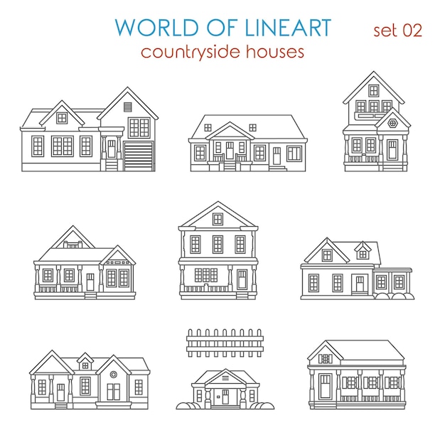 Architecture countryside house townhouse al lineart  set. World of line art collection.