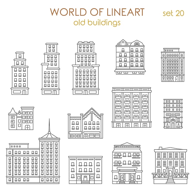 Architecture historic old buildings al line art style  set