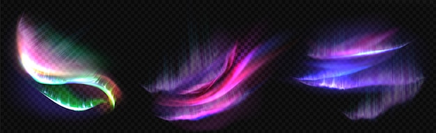 Free Vector arctic aurora borealis, polar lights, northern natural phenomena isolated. amazing iridescent glowing wavy illumination on night sky, shining. realistic 3d vector illustration, set