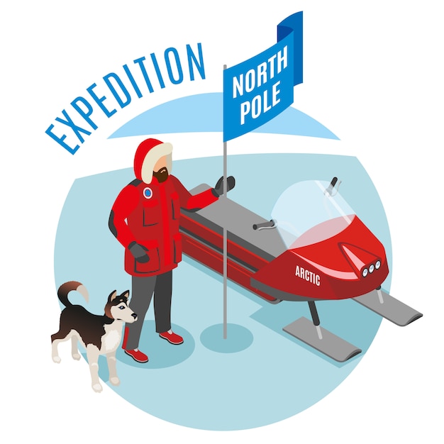 Arctic expedition isometric round composition with scientist holding north pole flag husky and snow mobile