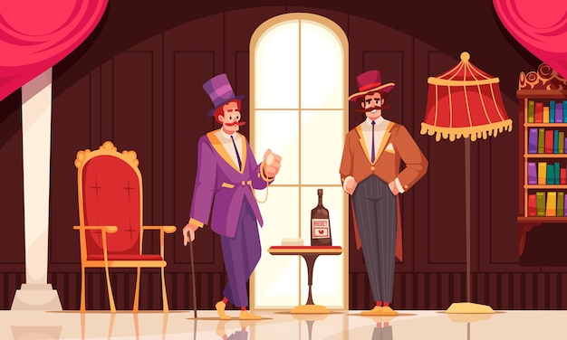 Free Vector aristocrat cartoon poster with gentlemen in fancy clothes drinking whiskey vector illustration