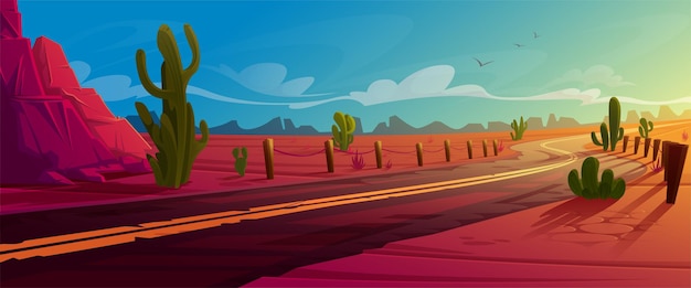 Arizona desert landscape with asphalt road, rocks and cacti. Wild west highway in American canyon, hot sand deserted land with orange mountains. Summer western background, Cartoon vector illustration