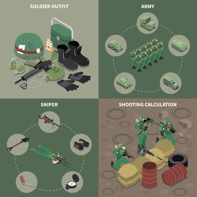 Army 2x2 design concept set of sniper soldier outfit shooting calculation square icons isometric 