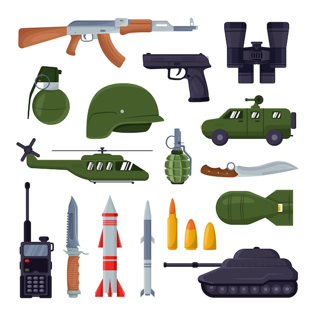 Free vector army weapons illustration set. military equipment. vector pictures of missile, tank, launcher, rocket in flat style. war, battle concept