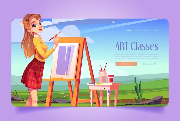 Art classes cartoon landing artist girl drawing