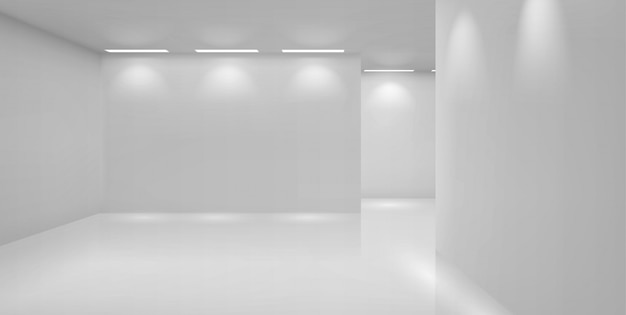 Art gallery empty room with white walls and lamps