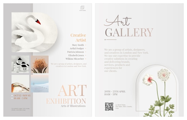 Art gallery flyer template editable design with white flowers