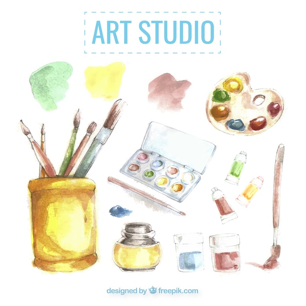 Free Vector art studio elements, watercolor effect