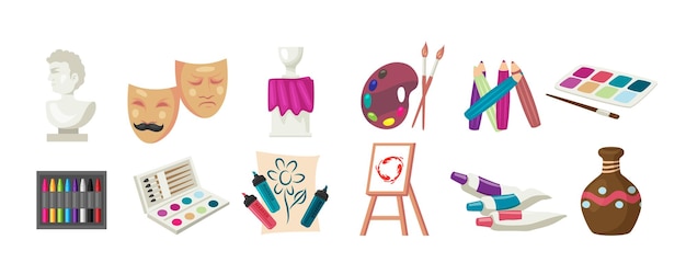 Art tools flat painting icons set Different artistic designers elements Creative equipments Vector illustration