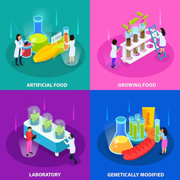 Free vector artificial foods isometric concept with growing vegetables in laboratory and genetically modified products isolated