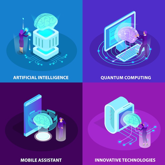 Artificial intelligence 2x2 design concept set of innovative technologies quantum computing mobile assistant isometric glow icons 