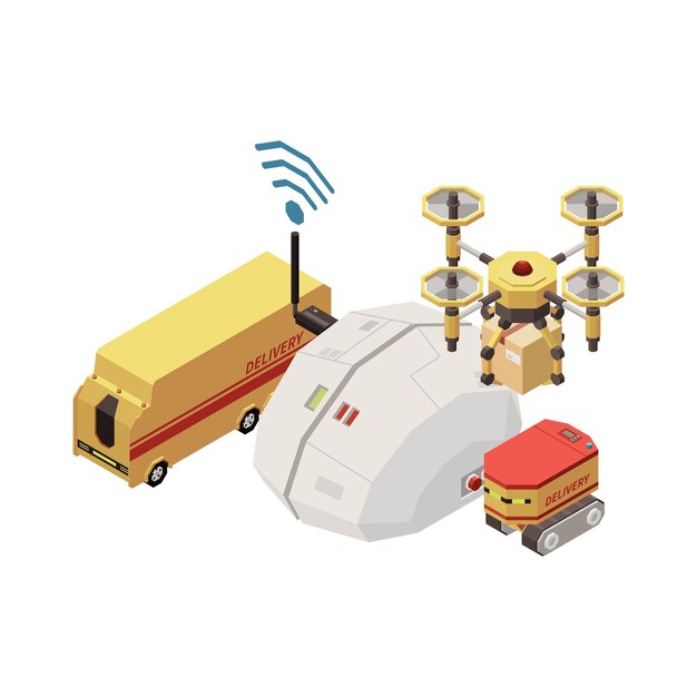 Artificial intelligence concept with digital brain controlling delivery transport isometric