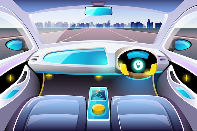 Free Vector artificial intelligence driverless safety system with hud interface in cockpit of autonomous car vehicle interior driverless car driver assistance system acc adaptive cruise control