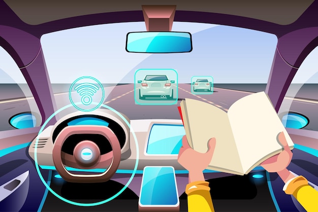 Free Vector artificial intelligence driverless safety system with hud interface in cockpit of autonomous car vehicle interior driverless car driver assistance system acc adaptive cruise control