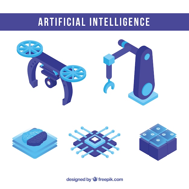 Artificial intelligence elements collection in isometric style