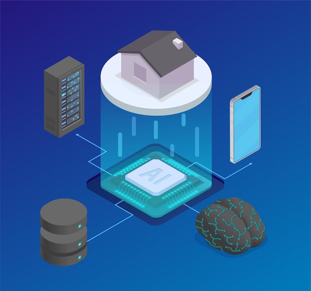 Artificial intelligence isometric composition with flowchart of silicon chip and server equipment with smartphone and house