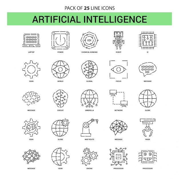 Artificial Intelligence Line Icon Set - 25 Dashed Outline Style