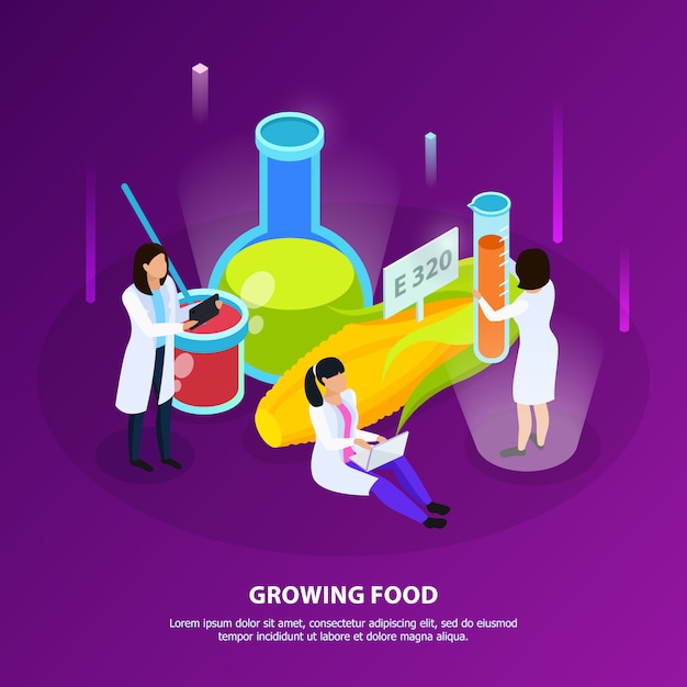 Free Vector artificial nutrition products isometric composition with scientists during growing of food on purple