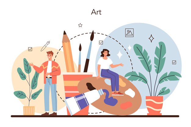 Artist concept Professional illustrator in front of big easel or screen holding a brush and paints Idea of creative people and profession Art gallery profession Flat vector illustration