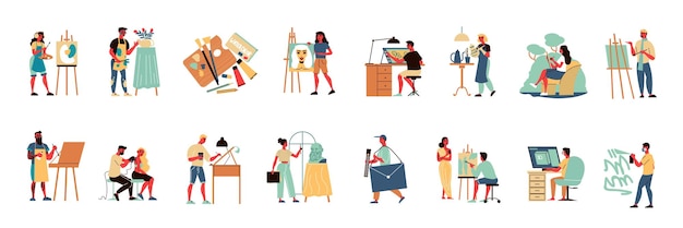 Artist set of isolated icons with human characters of creative workers with painters sculptors and designers vector illustration