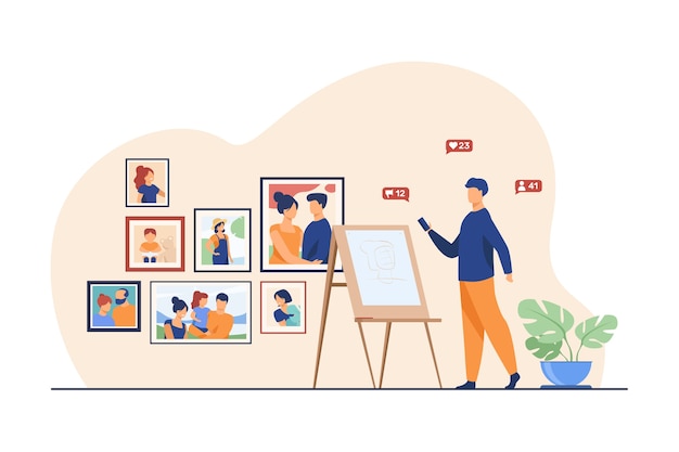 Artist working in his studio. Man painting portrait, easel, gallery flat vector illustration. Creative job, painter, craftsman