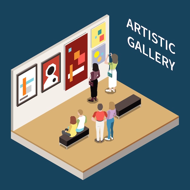 Free Vector artistic gallery isometric composition with people looking pictures of modern artists illustration