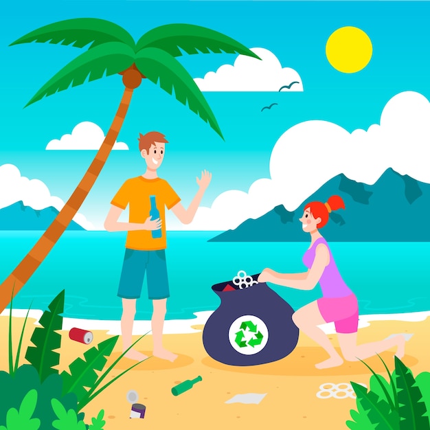 Artistic illustration with people cleaning beach