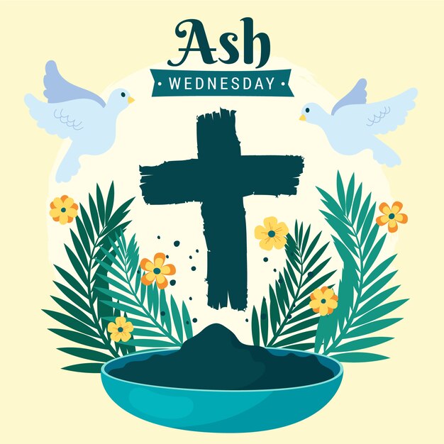 Ash wednesday hand drawn with flower and cross