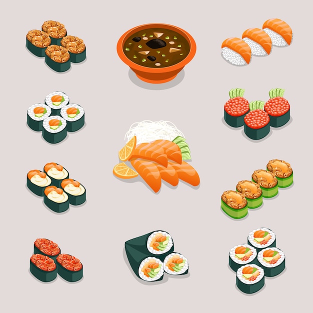 Asia food icons. Rolls and sushi, miso soup and sashimi. Restaurant and tasty menu, japanese or chinese nutrition, 