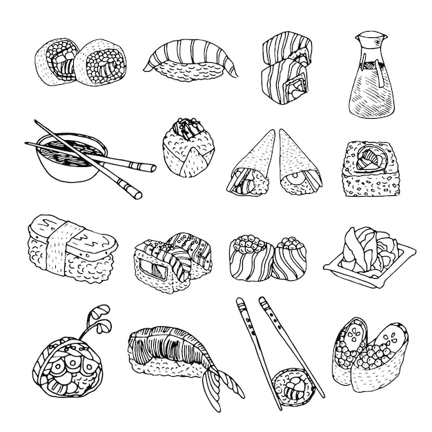 Asia food sushi icons set