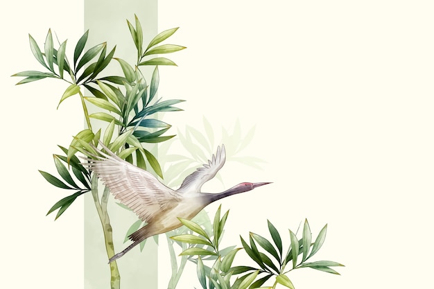 Asian flower watercolor illustration with birds