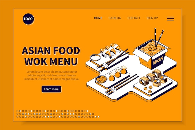 Asian food wok menu isometric landing page for web site with sign up catalog contact heading vector illustration