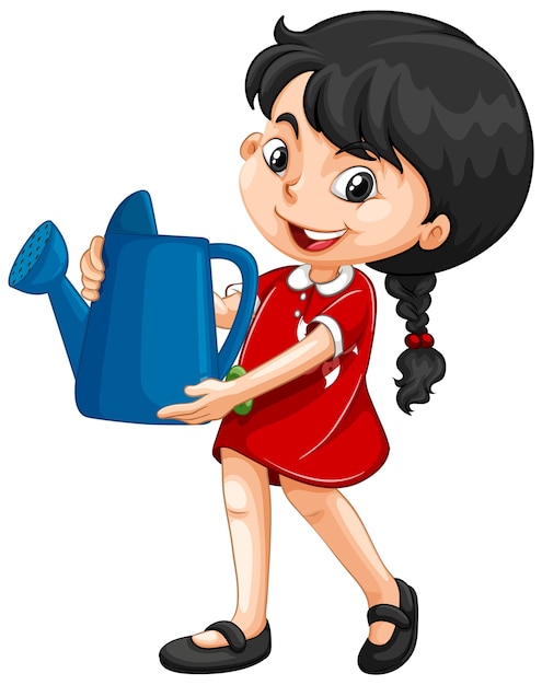 Asian girl holding blue watering can