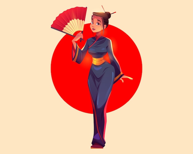 Free Vector asian woman in traditional kimono with fan in hand