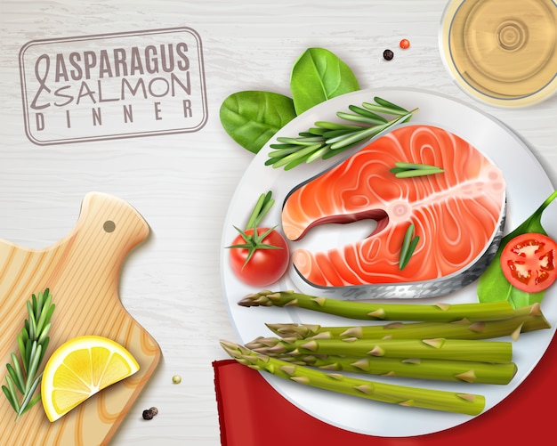 Asparagus and salmon realistic plate