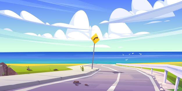 Asphalt road with seaview and blue sky with fluffy clouds curly empty highway at summer countryside landscape with turn sign Cartoon scenic background with speedway and ocean Vector illustration