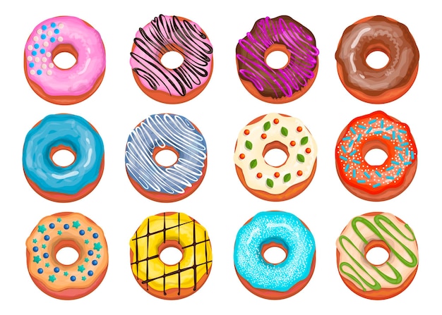 Assorted donuts collection. Top view of sweet doughnuts with blue, chocolate, strawberry icing. Cartoon illustration