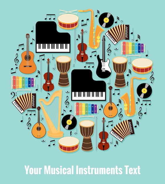 Assorted Musical Instruments Design Formed Round with Editable Text Area. Isolated on Light Blue Sky Background.