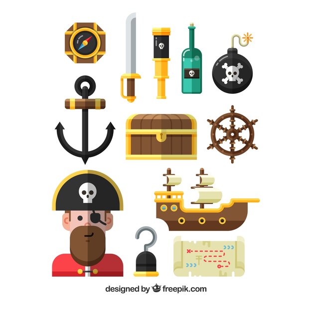 Assortment of fantastic pirate elements in flat design