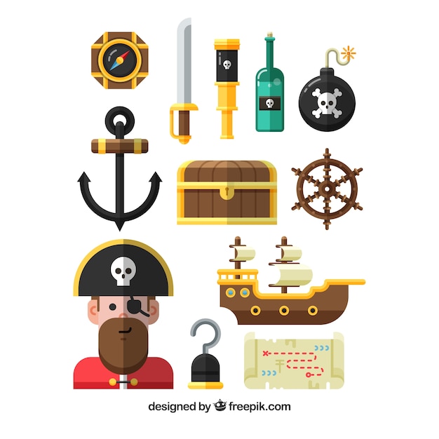 Assortment of fantastic pirate elements in flat design