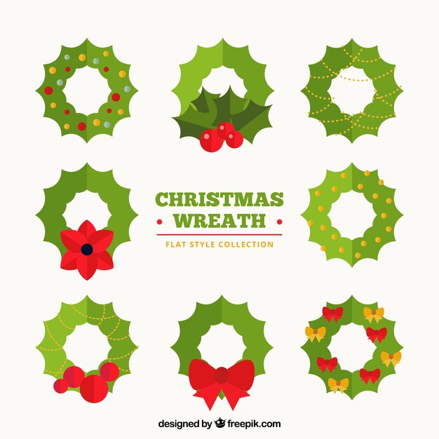 Assortment of green wreaths in flat design